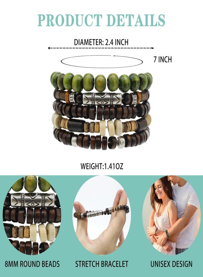 VKSG 5pcs Wooden Bead Bracelet Set For Men & Women - Stackable Boho Bracelets, Adjustable Grunge Wristbands-Funky Style, Father'S Day, Mother'S Day, Christmas, Birthdays, Thanksgiving Bracelets Gifts - Image 3